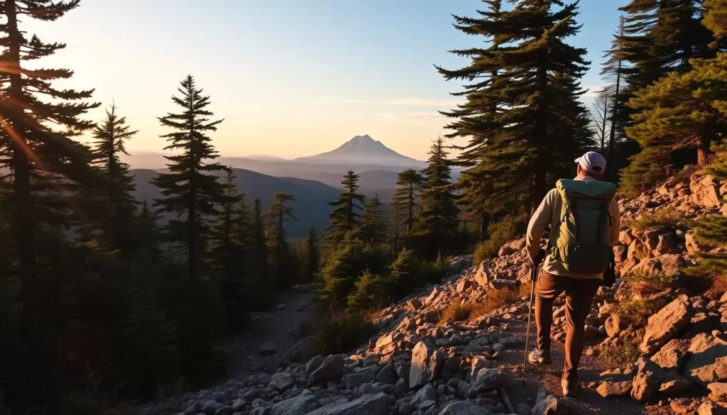 A breathtaking landscape of Acadia National Park, Maine, captured in the golden hour. Hikers traverse a winding trail, flanked by towering evergreens and the majestic Cadillac Mountain in the distance. Soft, warm lighting filters through the canopy, casting a gentle glow on the scene. In the foreground, a well-equipped hiker navigates the rocky terrain, backpack and trekking poles in hand, prepared for the variable weather. The overall atmosphere evokes a sense of adventure, tranquility, and the awe-inspiring beauty of this renowned outdoor destination.