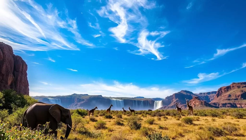 A breathtaking landscape of Augrabies Falls National Park, South Africa. In the foreground, a majestic African elephant grazes peacefully amidst lush vegetation. Giraffes and zebras roam the middle ground, their long necks and distinctive patterns silhouetted against the backdrop of the dramatic, cascading Augrabies Falls. The sky is a brilliant azure, with wispy clouds casting soft shadows over the rugged, sun-dappled terrain. The scene is bathed in warm, golden light, capturing the essence of this wild and beautiful African paradise.