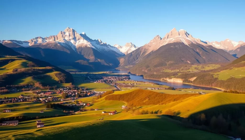 A breathtaking landscape of Balzers, Liechtenstein, bathed in warm, golden sunlight. Rolling hills and lush green meadows stretch out in the foreground, dotted with clusters of charming houses and buildings. In the middle ground, a picturesque village nestled among the undulating terrain, its traditional architecture and red-tiled roofs reflecting the sunlight. Towering, snow-capped mountains rise majestically in the background, their jagged peaks piercing the clear, azure sky. A serene river winds its way through the scene, its calm waters mirroring the surrounding beauty. The overall atmosphere is one of tranquility and timeless charm, capturing the essence of Liechtenstein's hidden gem, Balzers.