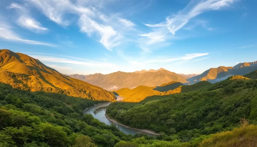 A breathtaking landscape of Chiayi County, Taiwan, capturing the essence of its natural beauty. Lush, rolling hills dotted with vibrant green forests frame a tranquil river winding through the valley. In the distance, majestic mountain peaks rise, their rugged slopes bathed in warm, golden sunlight. A clear, azure sky overhead, with wispy clouds drifting lazily. The scene exudes a sense of peace and serenity, inviting visitors to immerse themselves in the charm and wonder of this captivating region. Captured with a wide-angle lens, the composition emphasizes the grandeur of the landscape, showcasing its breathtaking vistas and the harmony between nature and the natural elements.
