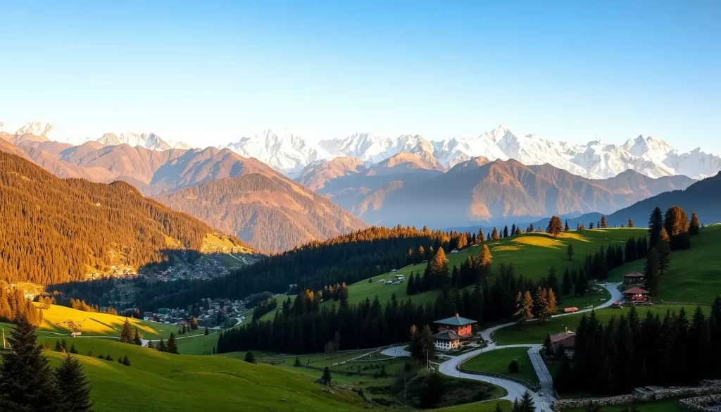 A breathtaking landscape of Himachal Pradesh in the Indian Himalayas, showcasing the region's natural beauty during its ideal visiting period. Capture the majestic snow-capped peaks of the mighty Himalayas in the background, with lush green meadows and forests in the foreground. Depict a bright, sunny day with warm, golden light illuminating the scene, creating a serene and inviting atmosphere. Include picturesque villages, winding roads, and traditional architecture to convey the cultural richness of the region. Highlight the mild temperatures and clear skies that make this the perfect time to explore Himachal Pradesh's stunning natural wonders.