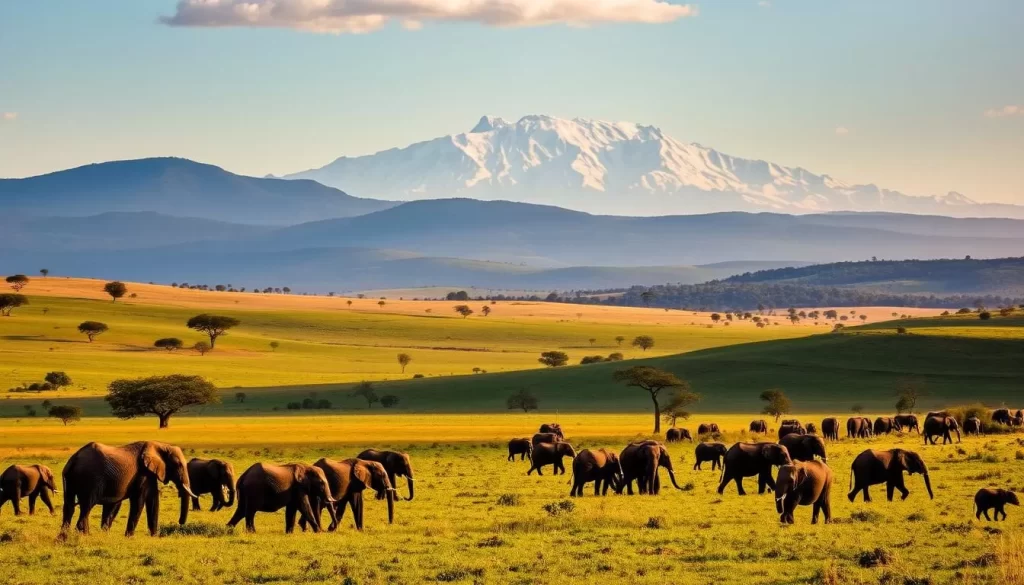 A breathtaking landscape of Meru National Park, Kenya. In the foreground, a herd of elephants grazes peacefully amidst the lush, verdant grasslands. Beyond, majestic acacia trees dot the rolling hills, their silhouettes casting gentle shadows. In the distance, the towering, snow-capped peaks of Mount Kenya rise majestically, bathed in the warm, golden glow of the afternoon sun. A serene, tranquil atmosphere pervades the scene, inviting the viewer to lose themselves in the beauty of this hidden gem of Kenya's wilderness.