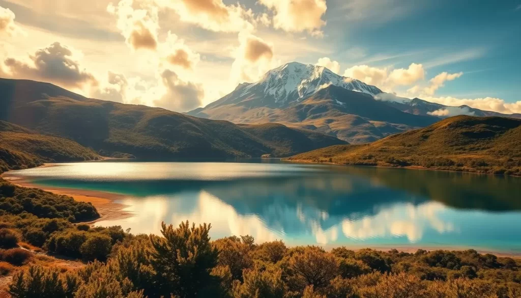 A breathtaking landscape of Mount Kenya National Park, Kenya. In the foreground, a crystal-clear alpine lake reflects the majestic snow-capped peaks of Mount Kenya, the second-highest mountain in Africa. Lush green forests and rolling hills surround the lake, creating a serene and picturesque scene. Warm, golden sunlight filters through the clouds, casting a warm glow over the entire landscape. A wide-angle lens captures the grandeur and vastness of this natural wonder, inviting the viewer to explore the rugged, untamed beauty of this protected wilderness.