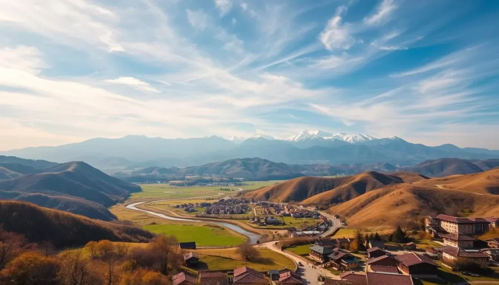 A breathtaking landscape of North Jeolla Province, South Korea, captured on a sunny day. A serene mountain range dominates the background, its peaks capped with snow and shrouded in wispy clouds. In the middle ground, a lush, verdant valley unfolds, dotted with traditional hanok houses and winding streams that reflect the azure sky above. In the foreground, a picturesque village nestled among rolling hills, its red-tiled roofs and charming alleys inviting exploration. The warm, golden light filters through the scene, casting a glow on the idyllic setting and creating a sense of tranquility and timelessness. Captured with a wide-angle lens, this image perfectly encapsulates the hidden beauty and timeless essence of North Jeolla Province, Korea's captivating hidden gem.