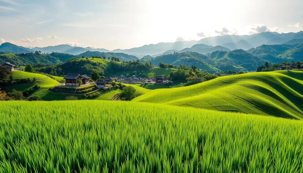 A breathtaking landscape of North Jeolla Province, South Korea, where the sun shines brightly upon vibrant green hills and valleys. In the foreground, verdant rice paddies stretch out, their neat rows and intricate textures creating a serene, pastoral scene. In the middle ground, traditional hanok rooftops peek out from amidst lush forests, hinting at the region's rich cultural heritage. The background is dominated by majestic mountains, their peaks capped with wispy clouds, creating a sense of tranquility and natural wonder. The lighting is warm and golden, casting a gentle glow over the entire scene and evoking the province's temperate, continental climate. This image perfectly captures the essence of North Jeolla Province's captivating and weather-savvy landscape.