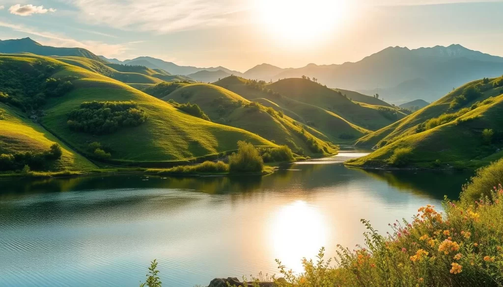 A breathtaking landscape of North Korea's captivating natural beauty, bathed in the warm glow of a spring afternoon sun. Lush, rolling hills adorned with vibrant green foliage and the occasional splash of colorful blooms. A serene lake reflects the surrounding scenery, its glassy surface broken by the gentle ripples of a light breeze. In the distance, majestic mountains rise, their peaks capped with a dusting of snow. The scene exudes a sense of tranquility and wonder, inviting the viewer to imagine the perfect weather-savvy adventure through this fascinating country.