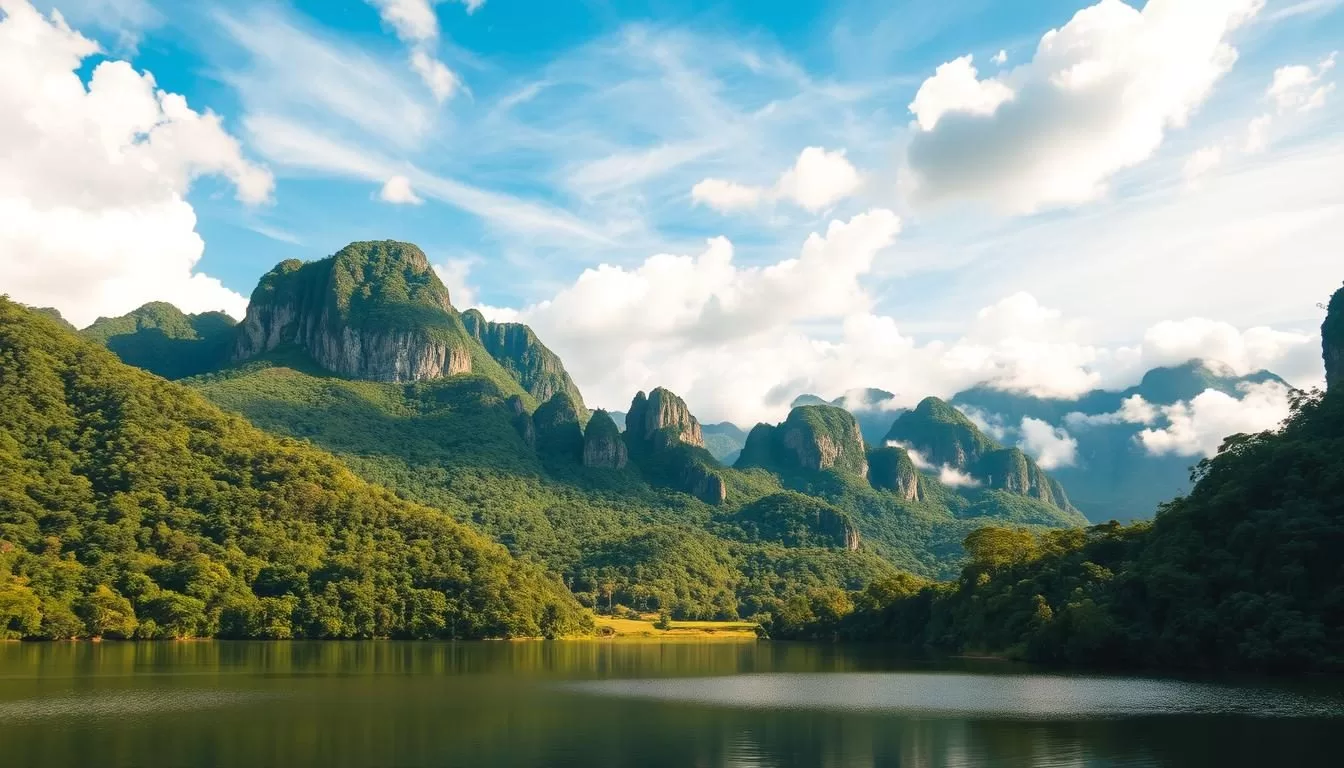 A breathtaking landscape of Perak, Malaysia's natural wonders. In the foreground, a serene lake reflects the lush, verdant hills surrounding it. Towering limestone cliffs rise majestically in the middle ground, their rugged peaks bathed in warm, golden sunlight. In the distance, a mist-shrouded cave system beckons, hinting at the hidden treasures within. The sky above is a brilliant, azure canvas, dotted with fluffy, cumulus clouds. The scene exudes a sense of tranquility and adventure, inviting the viewer to explore the captivating beauty of Perak.