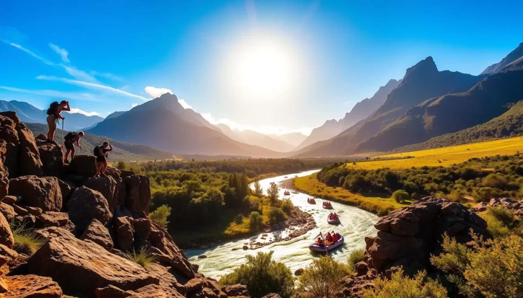 A breathtaking landscape of Royal Natal National Park in South Africa, showcasing thrilling adventure activities. In the foreground, adrenaline-fueled hikers scale rugged rock formations, their silhouettes framed against the vivid blue sky. In the middle ground, white water rafters navigate a foaming river, paddles cutting through the rushing currents. In the distance, towering mountains rise, their peaks shrouded in wispy clouds. Vibrant greens of lush forests and meadows surround the scene, creating a serene yet exhilarating atmosphere. Warm, golden sunlight filters through, casting a natural glow over the entire panorama. Capture the essence of outdoor exploration and the spirit of adventure in this stunning natural wonder.