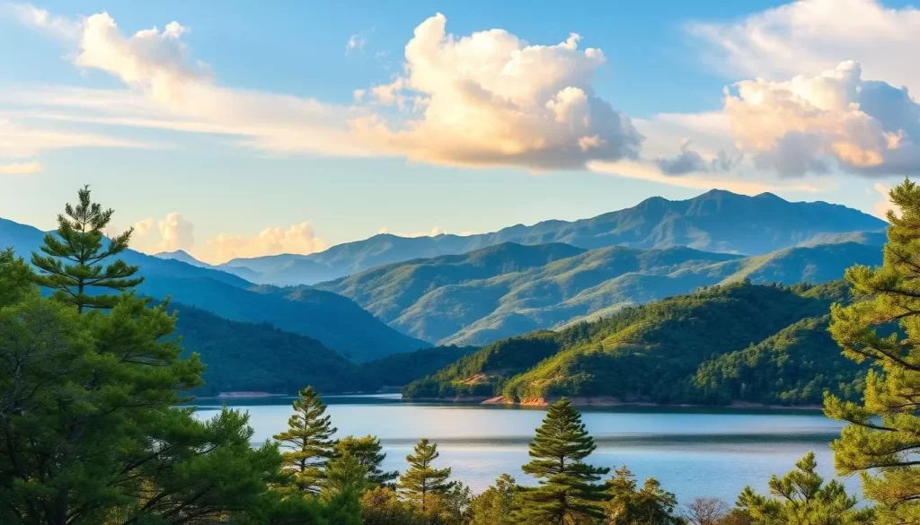 A breathtaking landscape of South Jeolla Province, South Korea, showcasing its natural wonders. Capture the serene beauty of a tranquil lake nestled between lush, rolling hills. Tall, verdant trees line the shores, their branches casting dappled shadows on the calm waters. In the distance, majestic mountains rise, their peaks touched by wispy clouds illuminated by warm, golden sunlight. The scene exudes a sense of peaceful contemplation, inviting the viewer to immerse themselves in the serene splendor of this picturesque region.