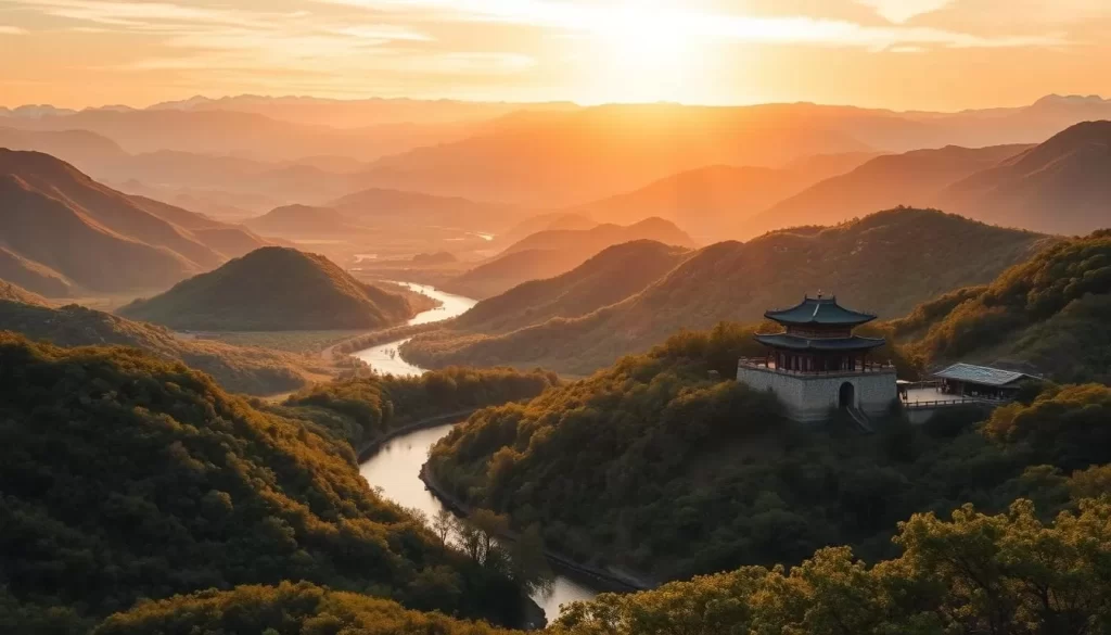 A breathtaking landscape of rolling hills and lush forests, bathed in the warm glow of a golden sunset. In the foreground, a winding river snakes through the verdant valleys, its tranquil waters reflecting the vibrant hues of the sky. Towering mountains rise majestically in the distance, their peaks capped with a dusting of snow. An ancient temple, its intricate architecture a testament to the region's rich history, stands sentinel amidst the serene scene. The overall atmosphere is one of tranquility and timeless beauty, capturing the essence of North Gyeongsang Province, a land of captivating natural wonders and enduring cultural heritage.