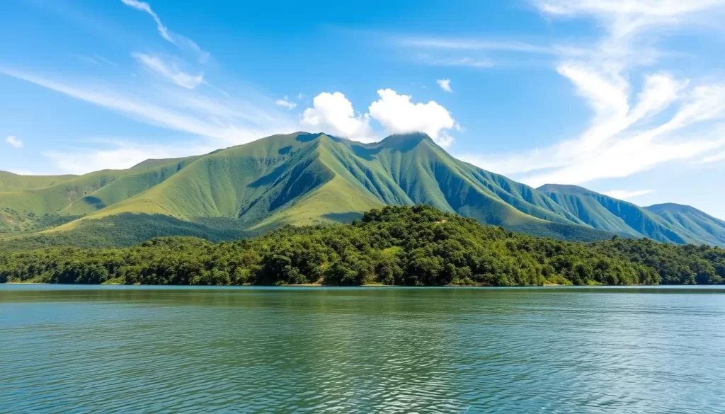 A breathtaking landscape of the Mahale Mountains National Park in Tanzania, captured during the best time to visit. Lush, verdant slopes rise majestically against a clear, azure sky, with sunlight filtering through wispy clouds. In the foreground, a pristine lake reflects the surrounding beauty, its calm waters offering a serene mirror. Chimpanzees, the park's famous residents, can be seen swinging through the dense, verdant canopy of the ancient forests. The scene exudes a sense of tranquility and natural harmony, showcasing the park's stunning natural wonders at their prime.