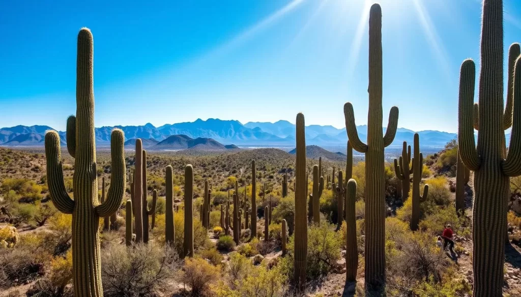 A breathtaking landscape of the iconic Saguaro National Park in Arizona. A vibrant foreground filled with towering saguaro cacti, their arms reaching towards the clear blue sky. Sunlight pours down, casting dramatic shadows across the rugged terrain. In the middle ground, rolling hills dotted with lush desert vegetation create a sense of depth and dimension. The background features majestic mountain ranges, their peaks silhouetted against the horizon. The scene conveys a serene, peaceful atmosphere, inviting the viewer to explore the natural wonders of this remarkable desert oasis.