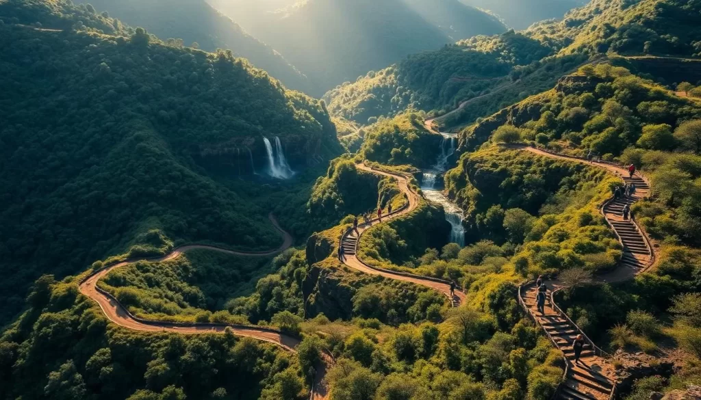 A breathtaking landscape of winding hiking trails meandering through the lush, verdant foliage of Royal Natal National Park. Sunlight filters softly through the canopy, casting a warm, golden glow over the rocky outcroppings and cascading waterfalls. Hikers traverse the well-maintained paths, their silhouettes dotting the scene, conveying a sense of adventure and exploration. The composition captures the serene beauty and natural splendor of this South African gem, inviting the viewer to embark on an unforgettable journey through its picturesque terrain.