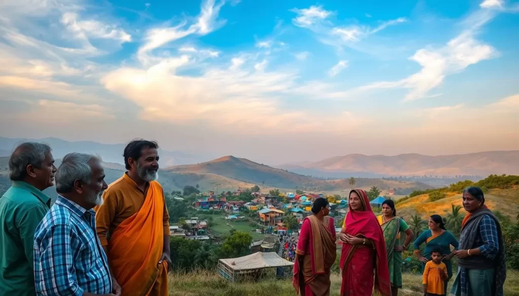 A breathtaking landscape showcasing the preservation of indigenous languages in Haryana, India. In the foreground, a group of men and women in traditional attire engaged in a lively conversation, their expressions radiating the vibrant culture. In the middle ground, a serene village scene with colorful houses, bustling markets, and children playing traditional games. The background features rolling hills, lush greenery, and a clear blue sky with wispy clouds, bathed in warm, golden sunlight. The scene conveys a sense of harmony, community, and the enduring spirit of linguistic diversity.