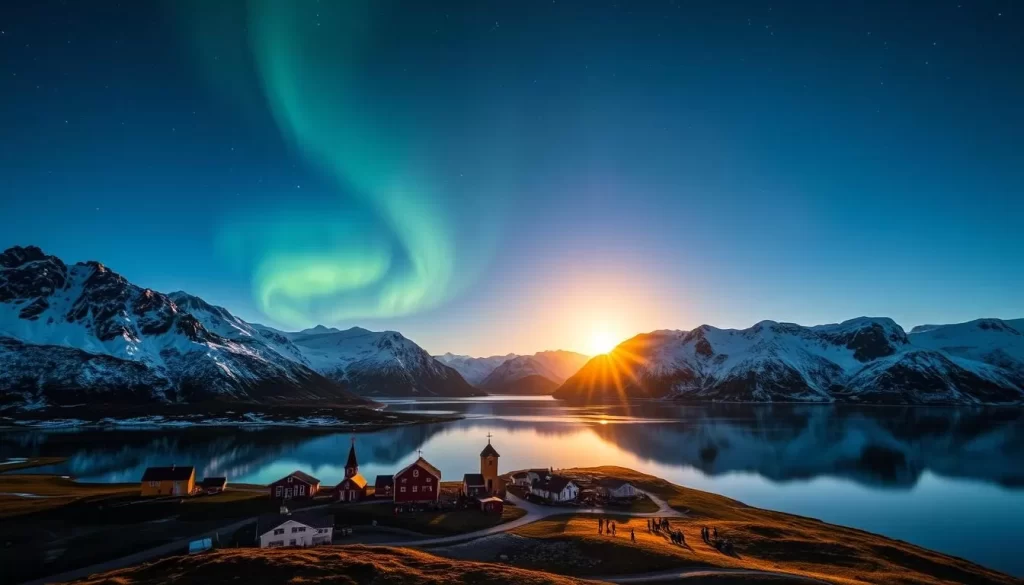 A breathtaking midnight landscape in Greenland, where the sun hovers above the horizon, casting a warm, ethereal glow over the rugged, snow-capped mountains and pristine, glass-like fjords. In the foreground, a small village nestled among the hills, its colorful houses and churches reflecting in the calm, mirror-like waters. In the middle ground, a group of people gathering outdoors, celebrating the long, bright summer night with music, dance, and traditional festivities. The sky above, a deep, inky blue, is dotted with twinkling stars and the gentle, undulating ribbons of the northern lights, creating a truly mesmerizing and magical atmosphere.