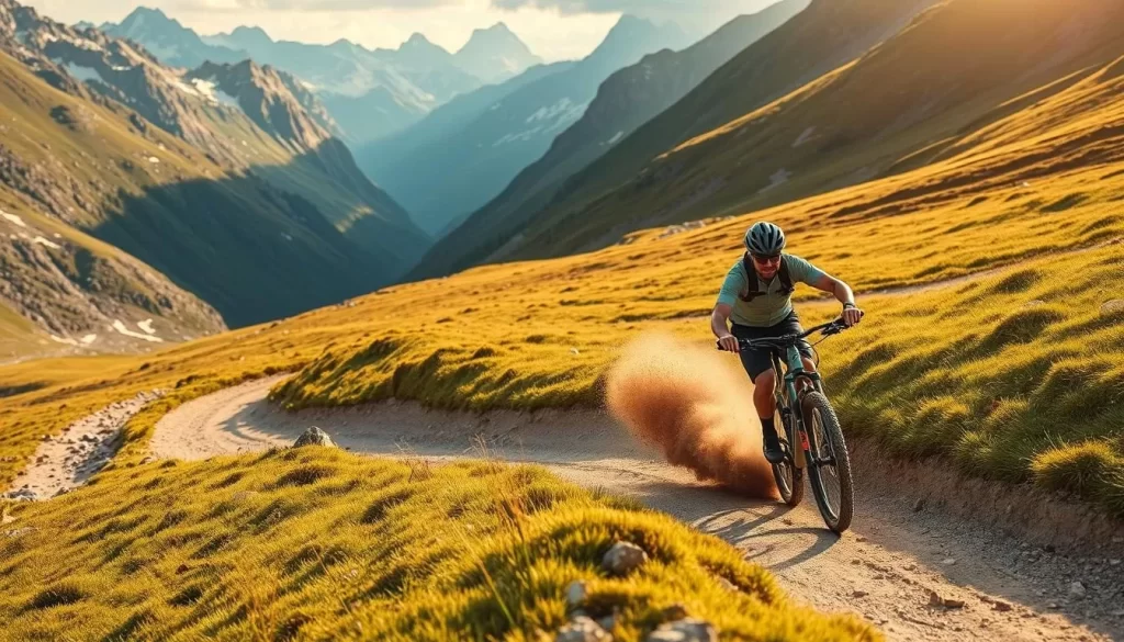 A breathtaking mountain biking experience in the Austrian Alps, with the rugged peaks of the Hohe Tauern National Park in the background. A lone cyclist navigates a winding, technical trail, their bike kicking up a spray of dirt and rocks as they carve through the turns. Vibrant greens and earthy browns of the lush, alpine landscape fill the frame, with the warm, golden light of the sun illuminating the scene. The rider's expression exudes a sense of thrill and accomplishment, captured in a dynamic, action-packed moment that showcases the adventure and excitement of this outdoor pursuit in a stunning natural setting.