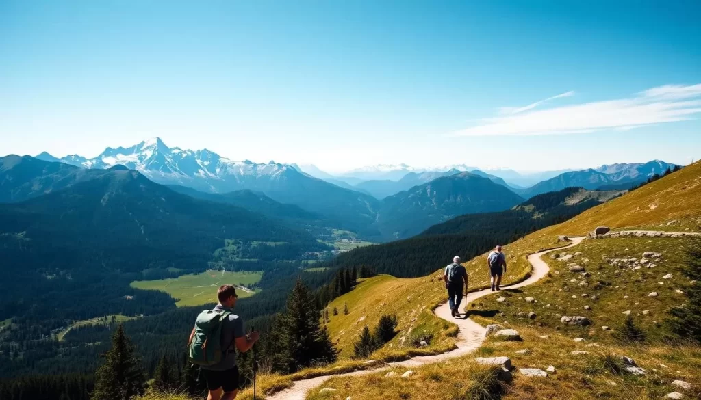 A breathtaking mountain landscape in Triesenberg, Liechtenstein, on a pristine summer day. The foreground features hikers navigating a winding trail, their backpacks and hiking gear visible. The middle ground showcases majestic peaks, their snow-capped summits reflecting the warm sunlight. In the background, lush green meadows and dense forests create a serene, picturesque setting. The image is captured with a wide-angle lens, conveying a sense of scale and grandeur. The overall mood is one of adventure, tranquility, and the beauty of the natural world.