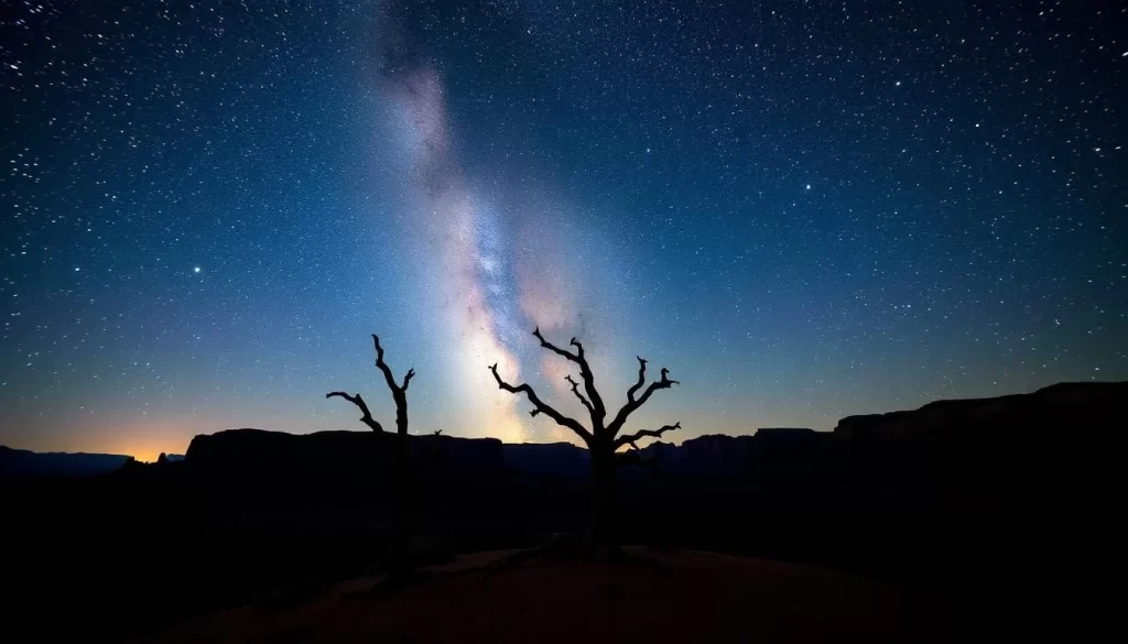 A breathtaking night sky over Dead Horse Point State Park, Utah. The Milky Way galaxy arches gracefully above the dramatic sandstone formations, casting a serene glow across the landscape. In the foreground, a lone weathered tree stands silhouetted against the starry expanse. The scene is bathed in a cool, ethereal light, creating a sense of tranquility and wonder. The image is captured with a wide-angle lens, allowing the viewer to fully immerse themselves in the grandeur of this International Dark Sky Park.