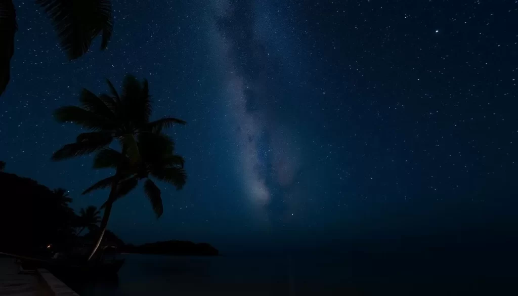 A breathtaking night sky over the serene Mabul Island, Malaysia. The Milky Way galaxy shimmers above, its luminous stars reflected in the tranquil waters below. Coconut palms sway gently, their silhouettes framing the celestial display. The scene is bathed in a soft, ambient glow, creating a serene and otherworldly atmosphere. Capture this natural wonder through a wide-angle lens, showcasing the vast expanse of the night sky and the island's lush tropical landscape. Immerse the viewer in the captivating beauty of Mabul Island under the starry night.