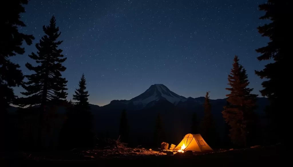 A breathtaking nightscape of Mount Timpanogos, Utah, under a canvas of shimmering stars. In the foreground, a cozy campsite nestled in the rugged terrain, with a roaring fire casting a warm glow. Towering pines frame the scene, their silhouettes etched against the inky sky. The majestic mountain peak looms in the distance, its summit bathed in the soft light of the crescent moon. Capture the tranquility and wonder of an overnight adventure on this iconic Utah landmark.