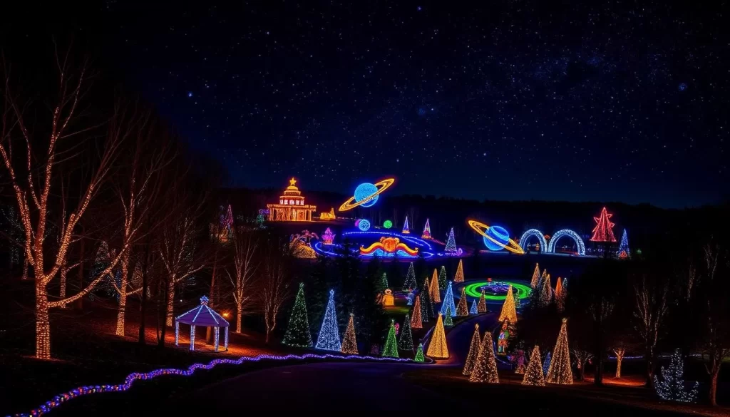A breathtaking nighttime scene of the "Galaxy of Lights" winter holiday light display in Huntsville, Alabama. The foreground features a winding path through a forest of glowing trees and structures, with colorful, twinkling lights casting a warm, festive glow. The middle ground showcases larger-than-life light displays of celestial objects, planets, and spaceships, creating an enchanting, otherworldly atmosphere. In the background, the night sky is filled with a stunning array of stars, galaxies, and nebulae, as if the viewer is transported to a magical, cosmic realm. Utilize a wide-angle lens to capture the expansive, immersive scale of the display, and natural, soft lighting to enhance the dreamlike, serene mood.