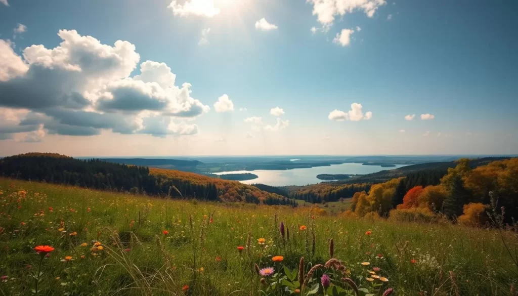 A breathtaking panorama of Hoge Kempen National Park in Belgium during the seasonal highlights. In the foreground, lush meadows dotted with vibrant wildflowers sway gently in a soft breeze. The middle ground showcases the park's rolling hills, their slopes covered in a tapestry of autumnal hues - golden yellows, fiery oranges, and deep reds. In the distance, a serene lake reflects the surrounding forest, its waters shimmering under the warm, golden light of an afternoon sun. Fluffy clouds drift across a clear, azure sky, creating a picturesque, dreamy atmosphere. The overall scene captures the park's natural beauty and the enchanting tranquility of a perfect day in this Belgian wonder.