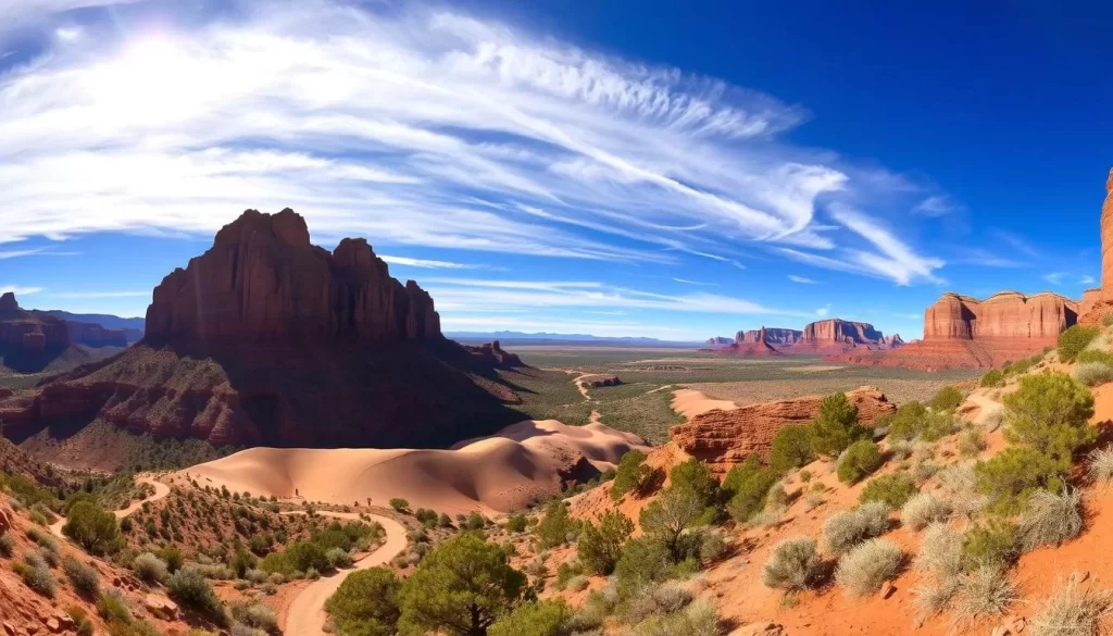 A breathtaking panorama of Snow Canyon State Park, Utah, with towering red sandstone cliffs under a clear blue sky. Warm sunlight filters through wispy clouds, casting soft shadows across the rugged landscape. In the foreground, a winding trail leads hikers through a verdant oasis of hardy desert vegetation. The middle ground reveals undulating dunes and weathered rock formations, while the distant background showcases the park's dramatic geological features. Capture the awe-inspiring beauty and tranquility of this natural wonder, inviting the viewer to embark on an unforgettable journey of discovery.