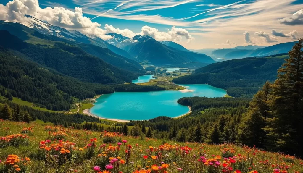 A breathtaking panorama of Uludağ National Park's lush natural splendor. Verdant forests cascade down rolling hills, dotted with sparkling azure lakes and meandering streams. Majestic snow-capped peaks rise in the distance, bathed in warm, golden sunlight filtering through wispy clouds. In the foreground, a serene meadow bursts with vibrant wildflowers, inviting visitors to immerse themselves in the park's tranquil beauty. Capture the essence of Uludağ's untamed wilderness, conveying a sense of peaceful harmony between nature and the adventurous explorer.