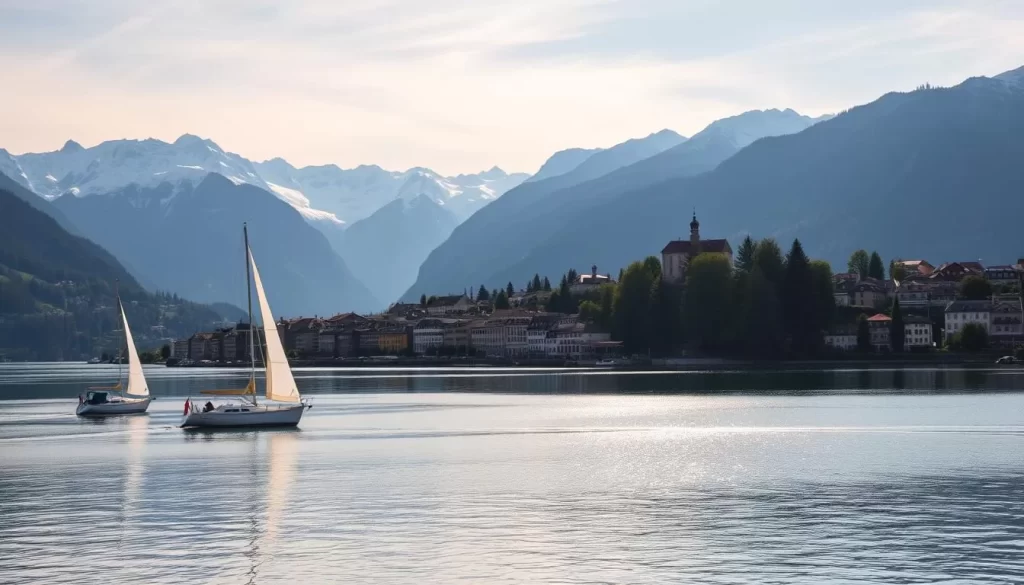 A breathtaking panorama of Zell am See, a postcard-perfect Austrian town nestled between the majestic Alps and the serene Lake Zell. In the foreground, sailboats gently glide across the mirror-like surface, casting reflections that dance with the sunlight. In the middle ground, the charming historic buildings of the town center come into view, their colorful facades and charming architecture exuding a timeless alpine ambiance. In the background, the snow-capped peaks of the surrounding mountains rise majestically, creating a dramatic and awe-inspiring landscape. The scene is bathed in the warm, golden glow of a picturesque summer day, with soft shadows and a gentle breeze that adds to the tranquil, serene atmosphere. This is the adventure paradise of Zell am See, a place where nature, history, and leisure seamlessly intertwine.