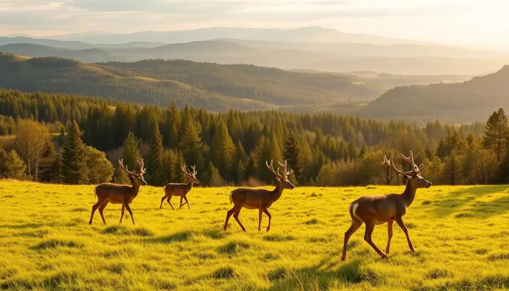 A breathtaking panorama of the lush Hoge Kempen National Park, Belgium. In the foreground, a family of red deer gracefully wander through the verdant meadows, their antlers gleaming in the soft, warm sunlight. The middle ground reveals a tranquil forest, the trees swaying gently in a light breeze, inviting exploration. In the distance, rolling hills and rugged rock formations create a dramatic backdrop, hinting at the park's diverse geological wonders. The scene exudes a sense of serene natural harmony, capturing the essence of this protected wildlife haven. Crisp, high-resolution image, realistic lighting, and a cinematic, wide-angle perspective.