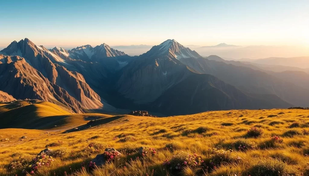 A breathtaking panorama of the majestic Mount Timpanogos summit, its rugged slopes bathed in warm golden sunlight. In the foreground, a serene alpine meadow dotted with vibrant wildflowers sways gently in the breeze. The middle ground reveals the imposing granite cliffs and jagged ridgelines, casting dramatic shadows across the scene. In the distance, the sky is a deep, cloudless azure, creating a striking contrast with the snow-capped peaks reaching towards the heavens. Capture the grandeur and tranquility of this iconic Utah landscape, showcasing the essential gear needed to conquer this legendary mountain.