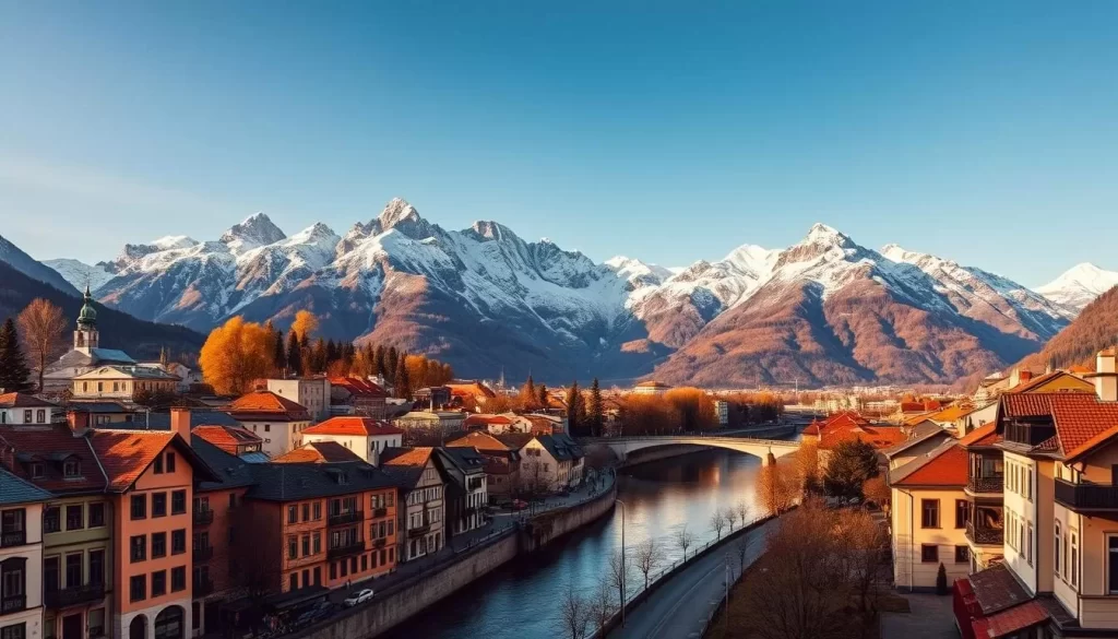A breathtaking panorama of the majestic Nordkette mountain range, framed by the picturesque city of Innsbruck in the foreground. Crisp, alpine air and a clear, azure sky set the stage for this quintessential Tyrolean scene. Rugged, snow-capped peaks rise majestically in the background, their jagged silhouettes mirrored in the tranquil waters of the Inn River below. Quaint, colorful buildings and cobblestone streets lend a charming, historical ambiance to the foreground, while the warm, golden glow of the afternoon sun bathes the entire landscape in a serene, inviting light. Capture the essence of Innsbruck's breathtaking alpine beauty in this stunning, cinematic landscape.