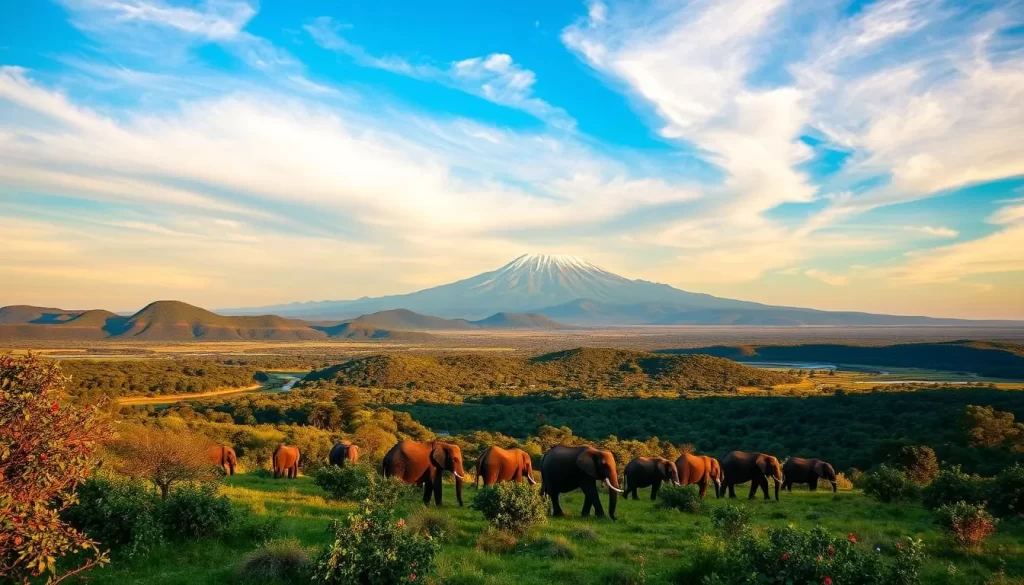 A breathtaking panoramic view of Arusha National Park, Tanzania. In the foreground, a lush, verdant landscape dotted with vibrant flora and fauna. A herd of majestic elephants grazes peacefully, their powerful frames silhouetted against the golden afternoon light. In the middle ground, rolling hills and towering, snow-capped Mount Meru rise majestically, casting long shadows across the land. The background is dominated by a stunning, azure sky, with wispy clouds drifting lazily overhead, creating a serene and tranquil atmosphere. The scene is captured with a wide-angle lens, allowing the viewer to fully immerse themselves in the breathtaking natural beauty of this gem of Northern Tanzania.