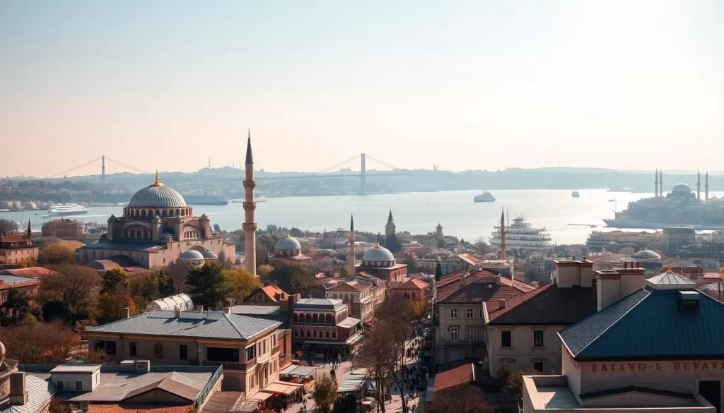 A breathtaking panoramic view of Istanbul's iconic skyline, where the ancient and modern converge. In the foreground, the majestic domes and minarets of the Sultanahmet Mosque and Hagia Sophia stand as timeless sentinels, their intricate architectural details illuminated by warm, golden sunlight. In the middle ground, the bustling streets of the historic Sultanahmet district are lined with charming cafes and shops, their vibrant colors and lively energy pulsing with the rhythm of the city. The background is dominated by the glistening waters of the Bosphorus Strait, where ferries and boats ply their course, connecting the European and Asian shores of this captivating metropolis. The scene exudes a harmonious blend of old and new, with the city's legacy of cultural exchange and diversity evident in every breathtaking vista.