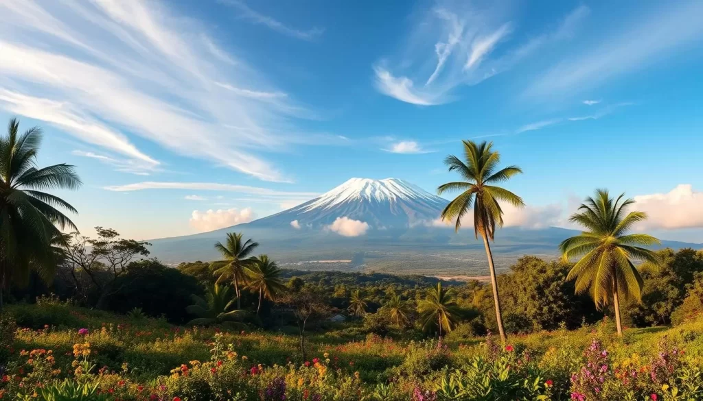 A breathtaking panoramic view of Kilimanjaro National Park, Tanzania's crown jewel. In the foreground, a lush, verdant terrain dotted with vibrant wildflowers and towering palm trees. The middle ground reveals a majestic, snow-capped Kilimanjaro, its peak piercing the clear, azure sky. Wispy clouds drift lazily overhead, casting soft shadows across the landscape. The warm, golden sunlight bathes the scene in a gentle, ethereal glow, evoking a sense of serenity and wonder. The composition is balanced, with the mountain's grandeur commanding attention, while the surrounding natural elements provide a harmonious, immersive experience. Capture the essence of this captivating African wonder, a true testament to the beauty and power of nature.