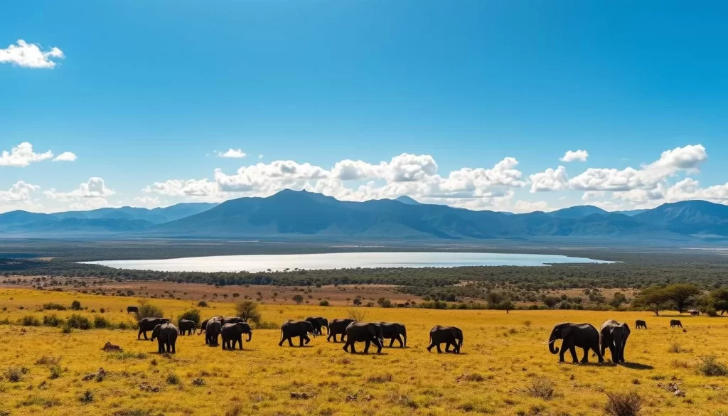 A breathtaking panoramic view of Nyerere National Park, Tanzania's largest wildlife haven. In the foreground, a herd of elephants roams majestically across the lush, sun-dappled savanna. In the middle ground, a shimmering lake reflects the vibrant blue sky, dotted with fluffy white clouds. Towering, rugged mountains rise in the distance, their peaks capped with a dusting of snow. Warm, golden light bathes the entire scene, evoking a sense of tranquility and adventure. The overall mood is one of wonder and awe, inviting the viewer to immerse themselves in the raw, untamed beauty of this remarkable natural paradise.
