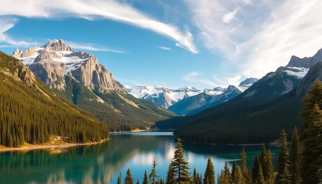 A breathtaking panoramic view of Rocky Mountain National Park, showcasing the majestic snow-capped peaks, towering cliffs, and lush green valleys. In the foreground, a crystal-clear alpine lake reflects the surrounding landscape, inviting the viewer to take a serene moment and soak in the natural beauty. The middle ground features dense, evergreen forests, with sunlight filtering through the canopy, casting a warm, golden glow over the scene. In the background, the towering Rocky Mountains rise up, their rugged, jagged peaks reaching towards the azure sky, adorned with wispy clouds. The lighting is soft and natural, creating a tranquil, postcard-worthy atmosphere, capturing the essence of this stunning, untamed wilderness.