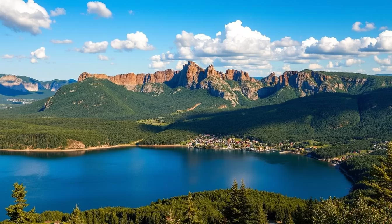 A breathtaking panoramic view of the Great Lakes region, showcasing its natural beauty and picturesque destinations. In the foreground, a serene lake reflects the surrounding lush forests and rolling hills, with a quaint lakeside town nestled along the shore. In the middle ground, towering cliffs and rocky outcroppings rise up, casting dramatic shadows and patterns. The background is dominated by a clear, azure sky, accented by fluffy white clouds that create a sense of depth and atmosphere. The overall scene is bathed in warm, golden sunlight, lending a peaceful and inviting ambiance to the image. The composition captures the essence of the Great Lakes' natural splendor, inviting the viewer to explore and experience its captivating landscapes.