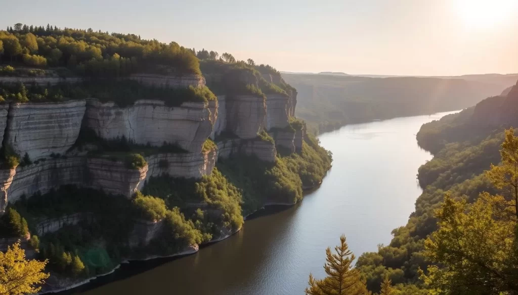 A breathtaking panoramic view of the iconic Mississippi River Bluffs in the charming city of La Crosse, Wisconsin. The sun's golden rays cast a warm glow over the rugged limestone cliffs, their layers of sedimentary rock sculpted by the steady flow of the river below. Lush, verdant forests cling to the steep slopes, their canopy of trees swaying gently in the light breeze. In the foreground, the tranquil waters of the Mississippi reflect the surrounding natural beauty, inviting visitors to explore the serene trails and scenic overlooks that showcase the region's remarkable geological formations and picturesque landscapes.