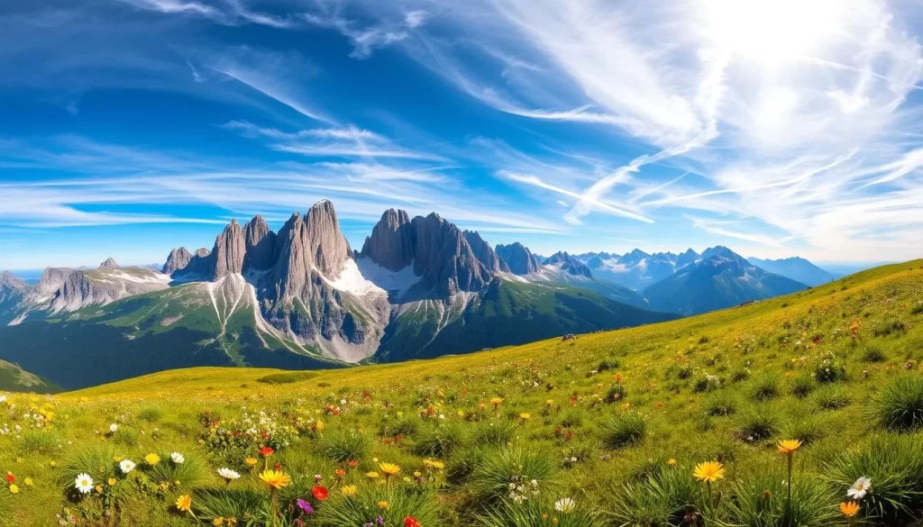A breathtaking panoramic view of the majestic Dachstein mountain range, bathed in the warm glow of the sun. In the foreground, pristine alpine meadows dotted with vibrant wildflowers sway gently in the cool breeze. The towering, snow-capped peaks rise majestically in the middle ground, their rugged, jagged edges casting dramatic shadows across the landscape. In the distance, the sky is a brilliant azure, punctuated by wispy, ethereal clouds that dance across the horizon. The scene exudes a sense of tranquility and serenity, perfectly capturing the best time to visit Hoher Dachstein and experience the breathtaking natural beauty of this alpine wonderland.