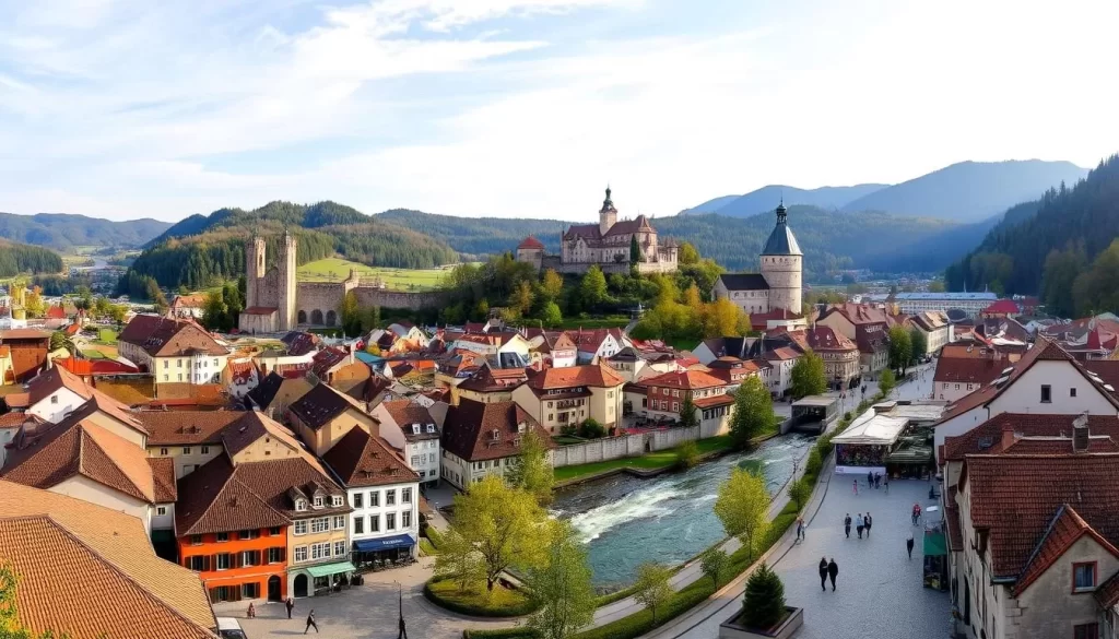 A breathtaking panoramic view of the picturesque town of Steyr, Austria. The scene captures the vibrant historic center, with the iconic medieval architecture and the Steyr River flowing through the heart of the town. In the foreground, cobblestone streets and quaint buildings create a charming, pedestrian-friendly atmosphere. The middle ground features the majestic Steyr Castle, perched atop a hill, overlooking the town. In the background, the lush, rolling hills and forests provide a stunning natural backdrop, bathed in warm, golden sunlight. The overall composition conveys the tranquil, scenic beauty of Steyr, showcasing its timeless appeal as a must-visit destination for every traveler.