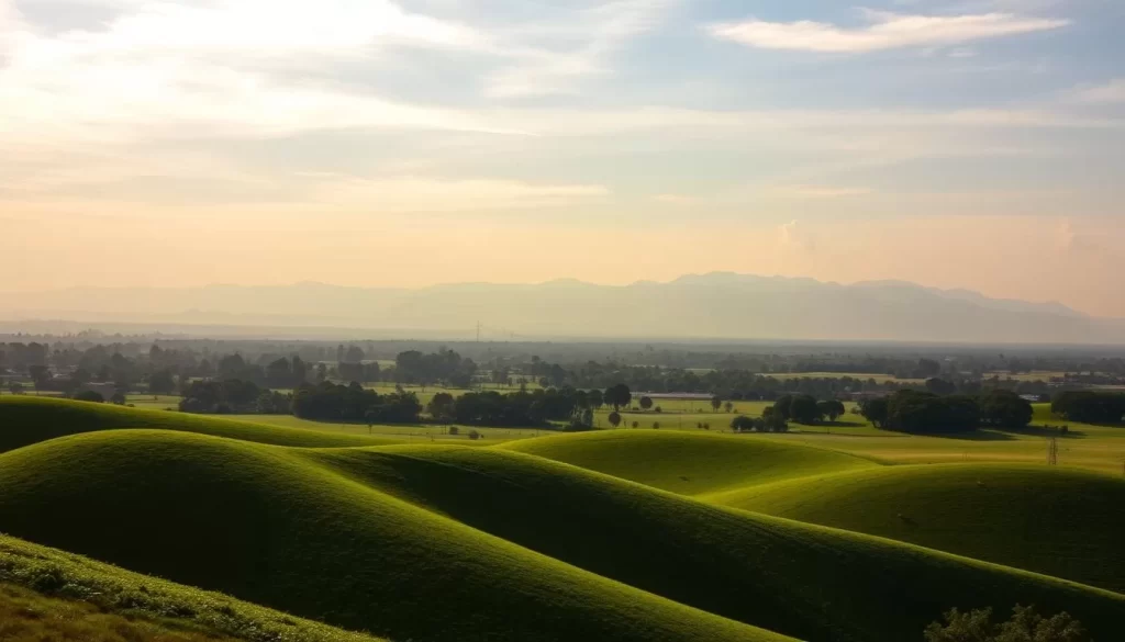 A breathtaking panoramic vista of Gujarat's diverse climate patterns, captured under a warm, sun-dappled sky. In the foreground, lush, verdant fields roll gently, while distant mountains rise majestically, their peaks dusted with a gentle snow. Wispy clouds drift lazily overhead, casting soft shadows that play across the landscape. The composition is balanced, with the middle ground showcasing the region's varied terrain - from arid, rugged desert landscapes to verdant, tropical forests. The overall mood is one of tranquility and natural harmony, inviting the viewer to immerse themselves in the ebb and flow of Gujarat's remarkable climate.