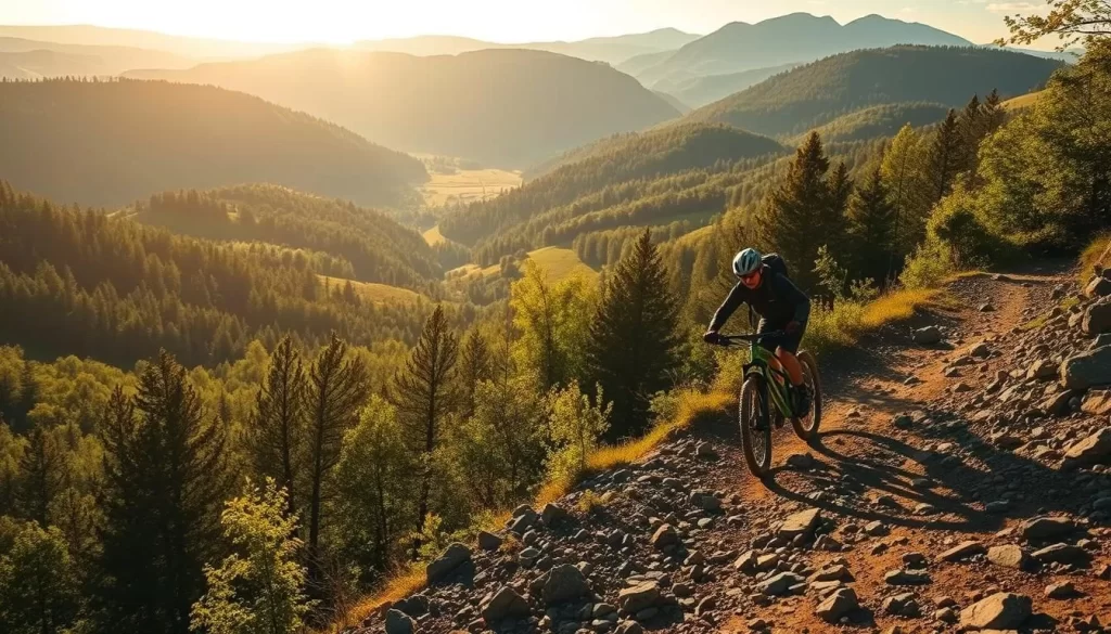 A breathtaking scene in the Ardennes region of Belgium, where rolling hills and lush forests provide a stunning backdrop for a thrilling mountain biking adventure. In the foreground, a skilled rider navigates a winding, rocky trail, their bike leaning into the turns as they carve through the terrain. The middle ground features a mix of dense foliage and sun-dappled clearings, creating a sense of depth and exploration. In the background, the majestic Ardennes peaks rise up, their rugged silhouettes casting long shadows across the landscape. The warm, golden light of a late afternoon illuminates the scene, infusing it with a sense of adventure and natural wonder. The overall mood is one of exhilaration, challenge, and the pure joy of immersing oneself in the great outdoors.