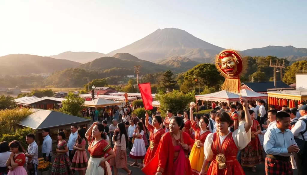 A breathtaking scene of Jeju Island's vibrant cultural festivals unfolds, with locals clad in traditional costumes dancing and celebrating amidst a backdrop of lush, verdant landscapes. The foreground features a lively parade, with colorful banners and intricate masks carried aloft by the joyful participants. In the middle ground, a bustling marketplace showcases the island's artisanal crafts and delectable cuisine, while in the distance, the iconic volcanic peaks of Hallasan National Park rise majestically, bathed in warm, golden sunlight. The overall atmosphere exudes a sense of cultural richness, community, and a deep connection to the island's natural beauty.