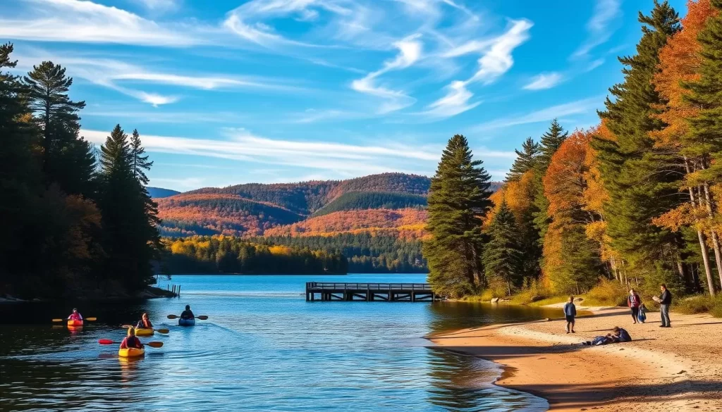 A breathtaking scene of Lake Minocqua during the seasonal transitions, capturing the essence of the idyllic Wisconsin landscape. In the foreground, families engage in various outdoor activities - kayaking across the serene, glassy waters, children playing on the sandy beaches, and hikers exploring the lush, verdant trails. The middle ground features a picturesque dock extending into the lake, surrounded by dense, towering pines that cast warm, dappled light across the scene. In the background, rolling hills dotted with autumn-hued foliage provide a stunning natural backdrop, while wispy clouds drift across a bright, azure sky. The overall mood is one of tranquility, adventure, and the celebration of the great outdoors.