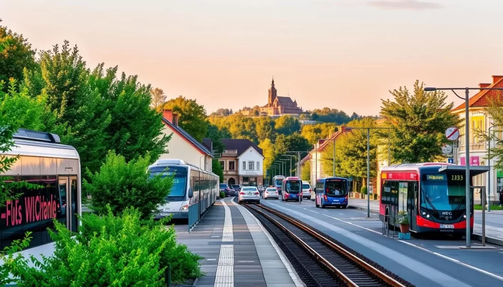 A breathtaking scene of Oświęcim's transportation options on a picturesque day. In the foreground, a train station with a sleek modern design stands amidst lush greenery. In the middle ground, a bus stop with passengers waiting patiently, surrounded by quaint buildings and tree-lined streets. In the background, the distant silhouette of the Oświęcim Castle rises majestically, bathed in warm, golden light. The overall atmosphere is one of calm and accessibility, inviting visitors to explore the city with ease.