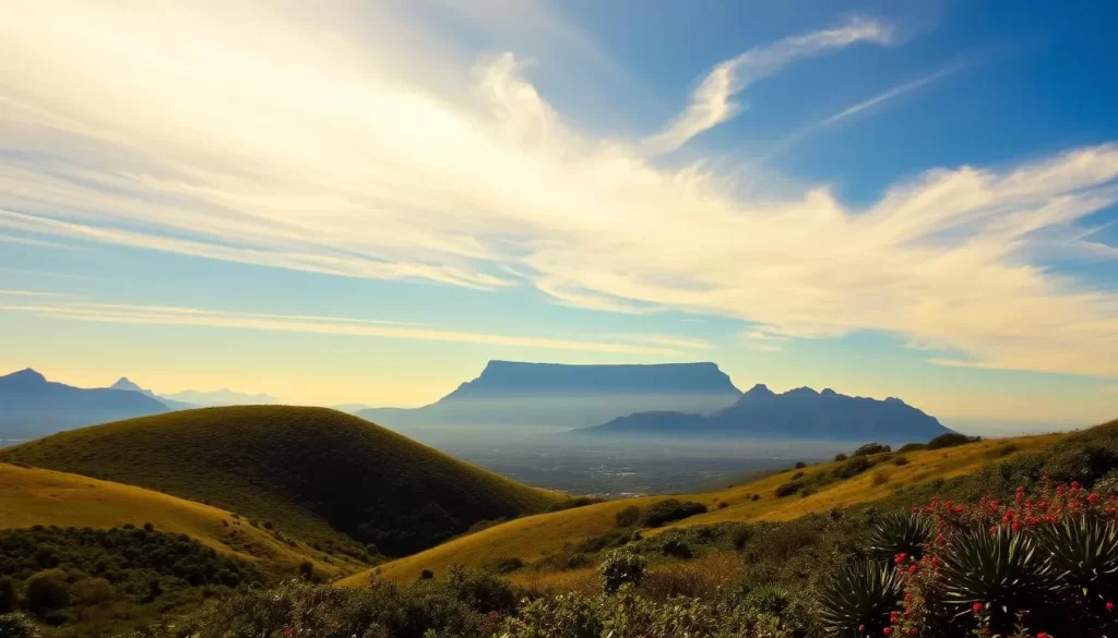 A breathtaking scene of Table Mountain National Park, South Africa. In the foreground, a lush, verdant landscape with rolling hills and vibrant flora. The middle ground features the iconic silhouette of Table Mountain, its flat summit casting a majestic shadow over the scene. Wispy clouds drift across a bright, azure sky, casting a warm, natural light over the landscape. In the distance, the rugged peaks of the surrounding mountains rise, creating a sense of depth and scale. The overall atmosphere is one of tranquility and awe-inspiring natural beauty, inviting the viewer to explore and discover the wonders of this remarkable park.