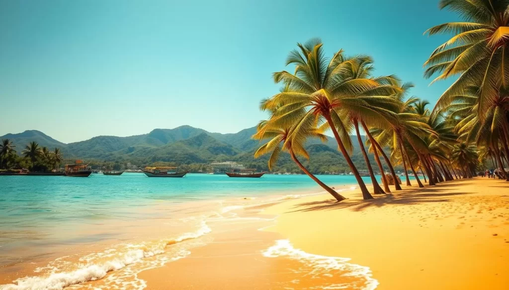 A breathtaking scene of Tanga's pristine coastal beauty on a sunny day. In the foreground, a golden sandy beach dotted with swaying palm trees. Gentle waves lap at the shoreline, their turquoise waters reflecting the bright azure sky above. In the middle ground, traditional dhow boats sway gently in the calm harbor, while in the distance, the lush green hills of the Usambara Mountains rise majestically, framing the serene coastal panorama. Warm, diffused lighting bathes the entire scene, creating a tranquil, almost dreamlike atmosphere. Captured through a wide-angle lens, this idyllic coastal landscape showcases the natural splendor and allure of Tanga, Tanzania's captivating coastal gem.