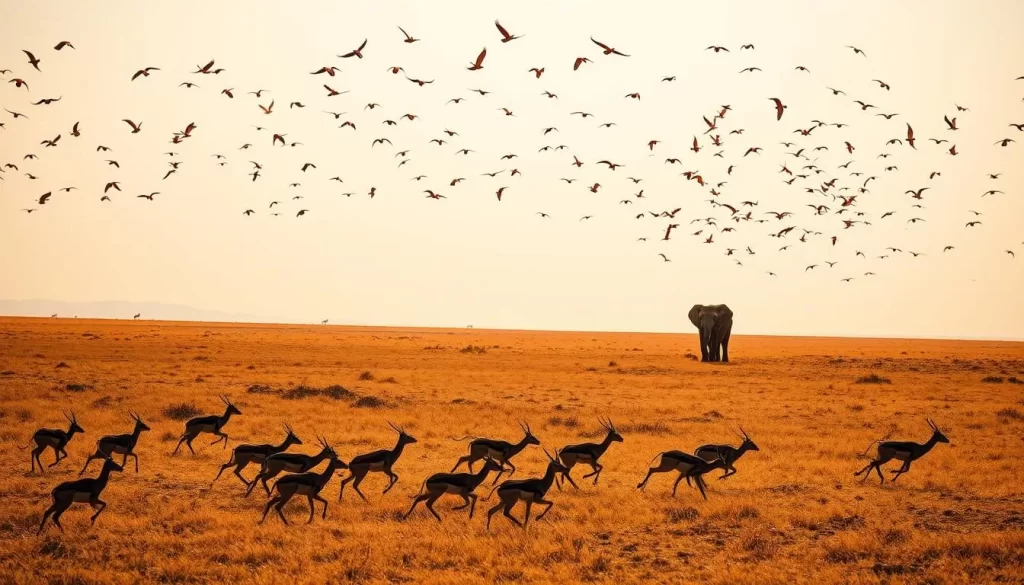 A breathtaking scene of the Serengeti's majestic wildlife, bathed in warm, golden sunlight. In the foreground, a herd of graceful gazelles leaps across the vast, rolling grasslands, their slender limbs moving with effortless elegance. In the middle ground, a solitary elephant stands tall, its imposing form silhouetted against the distant horizon. Soaring above, a flock of vibrant, colorful birds weave through the clear, azure sky, adding to the sense of life and movement. The overall atmosphere is one of tranquility and wonder, capturing the essence of the Serengeti's timeless beauty and the harmony of its inhabitants.