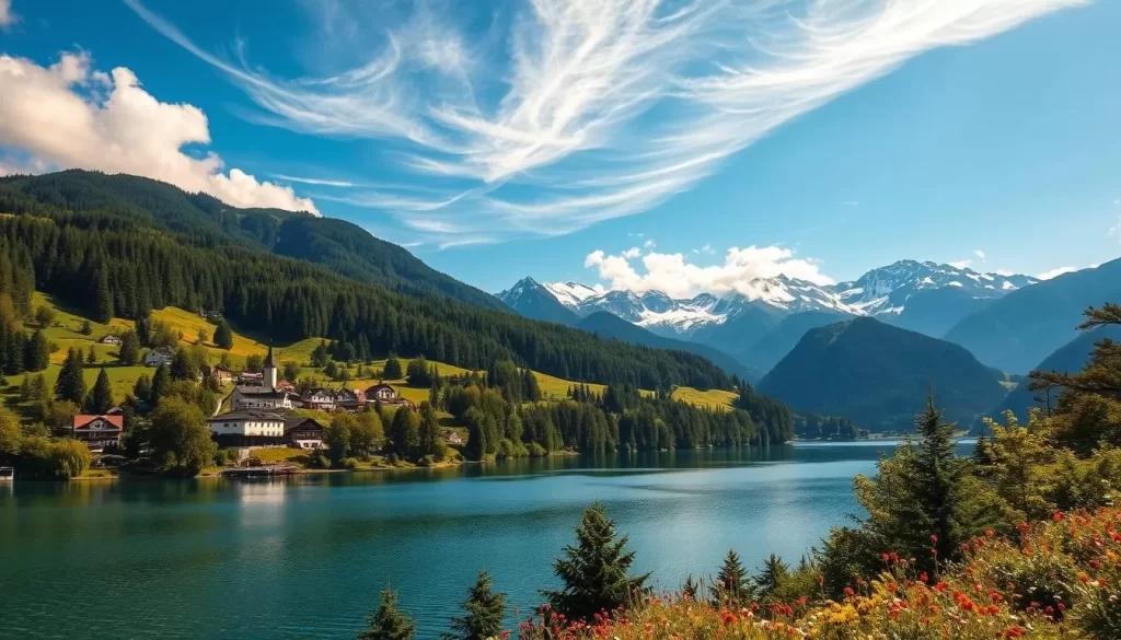 A breathtaking seasonal vista of the Salzkammergut region in Austria, showcasing the area's natural beauty. A quaint alpine village nestled amidst rolling hills, with snow-capped peaks in the distance. The foreground features a picturesque lake, its crystal-clear waters reflecting the surrounding scenery. Lush, verdant forests line the shoreline, dotted with vibrant wildflowers. Warm, golden sunlight filters through wispy clouds, casting a gentle glow over the idyllic landscape. The scene exudes a sense of serene tranquility, inviting the viewer to immerse themselves in the serenity of this alpine wonderland.